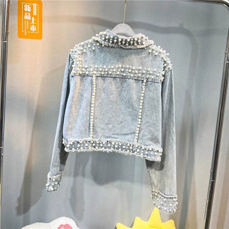 Light Blue Fashion Pearl Beaded Diamond Short Jeans Jacket Frayed Burrs Lapel Long Sleeve Spring Autumn Female Denim Jacket Coat