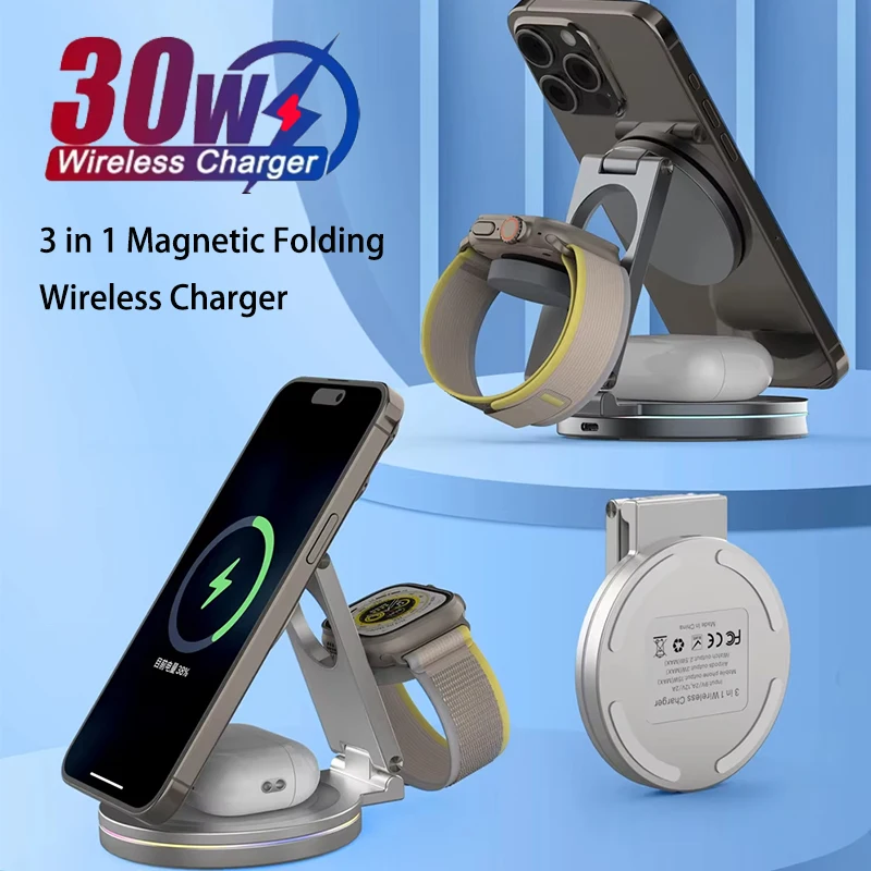 New 3 in 1 Qi2 15w Compatible for iPhone 17 16 15 14 13 12 Max Samsung Huawei Fast Charging Foldable Magnetic Wireless Charger
