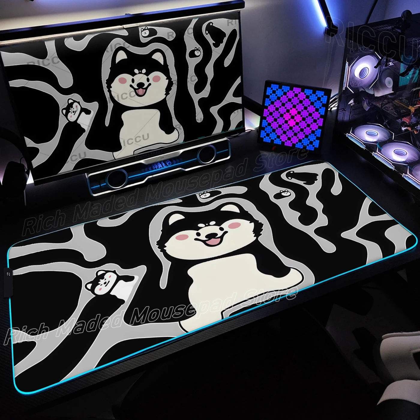 Alfombrilla de ratón RGB para Gamer, alfombrilla de escritorio de gato negro con tinta bonita de dibujos animados, alfombrilla LED brillante para teclado y ratón, alfombrilla de goma para ordenador para juegos