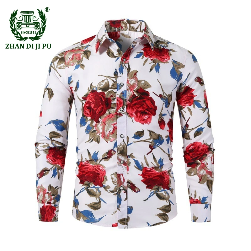 

Spring Floral Printed White Shirts for Men Red Rose Print Shirt Long Sleeve Slim Fit Flower Streetwear Male Camisas De Hombre
