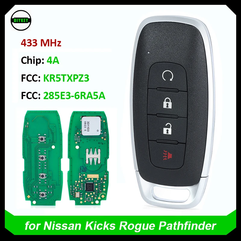 DIYKEY 4 Button Smart Remote Key Proximity Fob for Nissan Kicks Rogue Pathfinder 2022-2023 433MHz 4A - 285E3-6RA5A - KR5TXPZ3