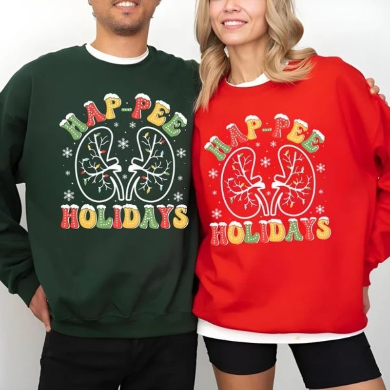 เสื้อสเวตเชิ้ต Hap-pee Holidays ลายไต ไฟคริสต์มาส เสื้อคริสต์มาสสำหรับพยาบาลไต เสื้อของขวัญพยาบาล เสื้อฮู้ดดี้สำหรับช่างไตในวันคริสต์มาส