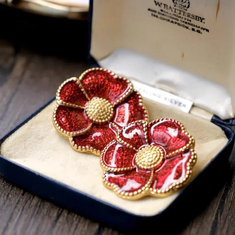 Original vintage art painting style glossy red flower earrings for women exaggerated wedding enamel earings stud charms jewelry