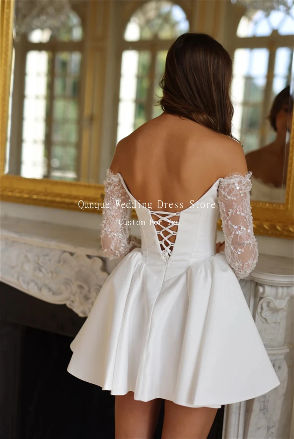 Qunque Short Satin Wedding Dresses Shiny Sequined Long Sleeves Vestido De Novia Romántico Off Shoulder Bridal Gowns Customized