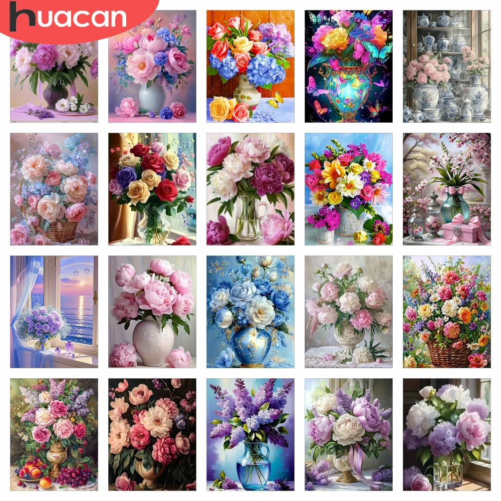 HUACAN Diamant-Malerei Komplettset Rosenblumen-Vase Handgefertigtes Diamant-Mosaik 5D Pfingstrosen-Blumenmuster Heimdekoration Strass DIY Geschenk