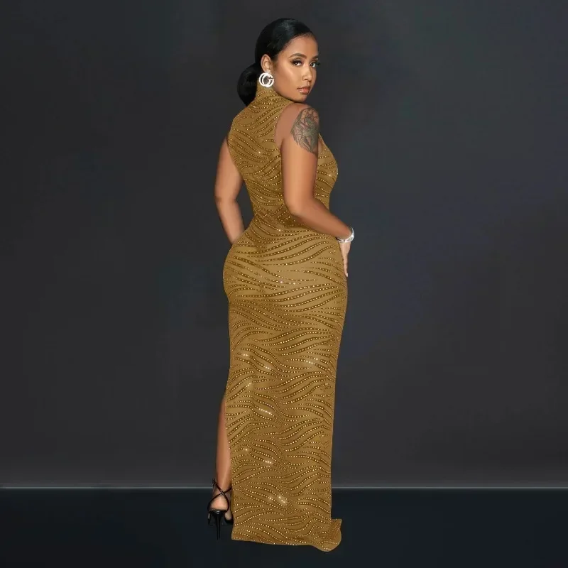 GUWU Mesh See Though Diamonds Hot Rhinestones High Side Split Bodycon Midi Maxi Dress Vestidos Women Sexy Party Dresses