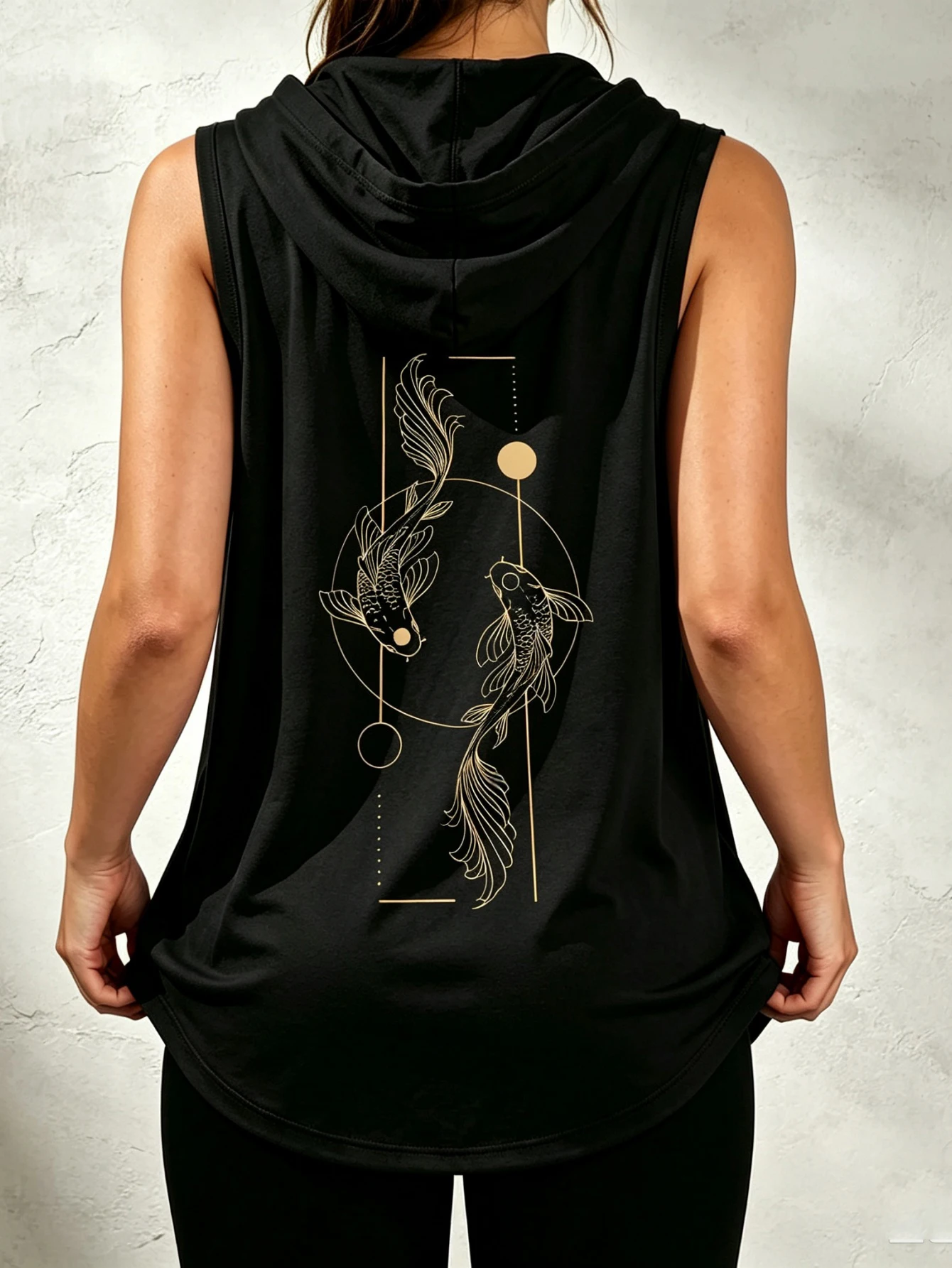 Golden Yin Yang Koi Fish Back Print Sleeveless Hooded Tank Top Unisex Minimalist Oriental Aesthetic Line Art Hood Vest Streetwear Sleeveless Hood Tank For Men Women