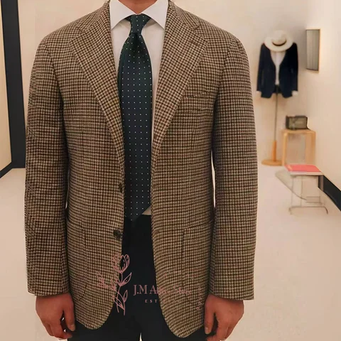 Men's Houndstooth Camel Jacket Leisure Business Blazer Regular Fit for Wedding Dinner Birthday Family Party, Custom Tuxedo