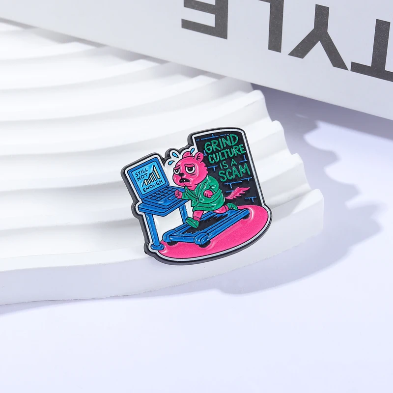 Grind Culture Is A Scam Still Not Enough Enamel Pins Satirical Fox Read Chart on the Treadmill Brooch Hat Bag Badge Accessories