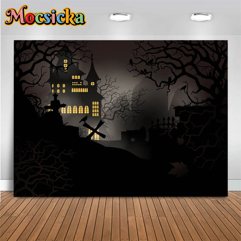 Mocsicka Halloween Retro Background Photography Horror Castle Black Ground Birds Cross Tomb Decor Backdrops Leaves Photo Studio