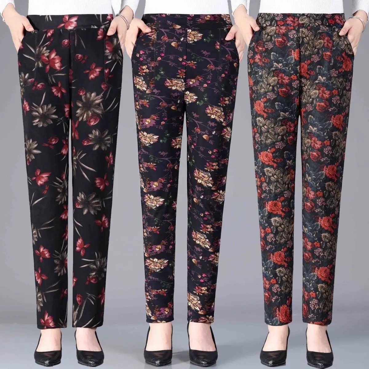 

Middle Aged And Elderly Women's Straight Trousers 2024 Spring Autumn Elastic Printing Pants High Waist Grandma Casual Pants