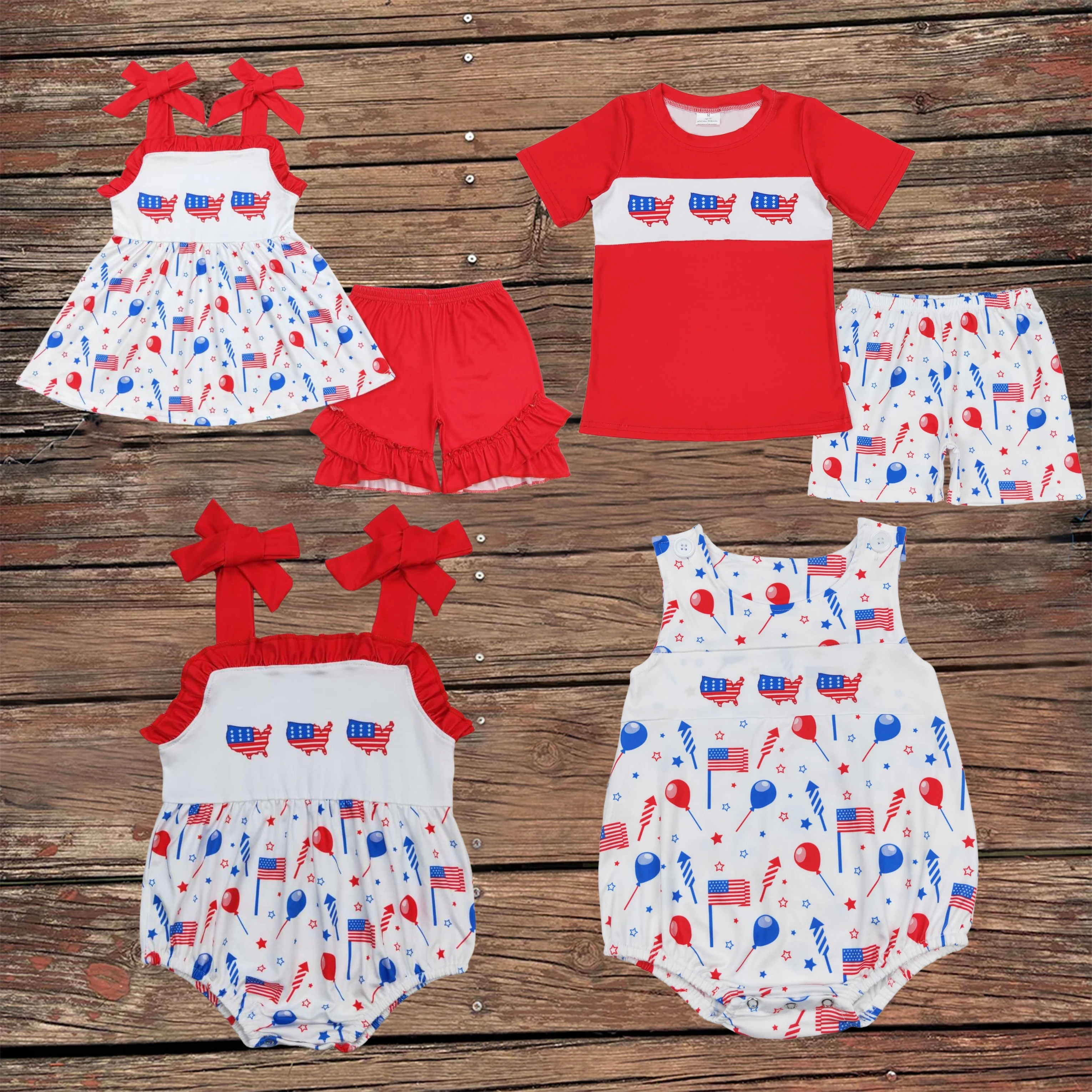 

Wholesale Sibling Boys Baby Girls July 4th Summer Set Children Short Sleeves Flags Balloons Outfits Toddler Kids Romper Bubble