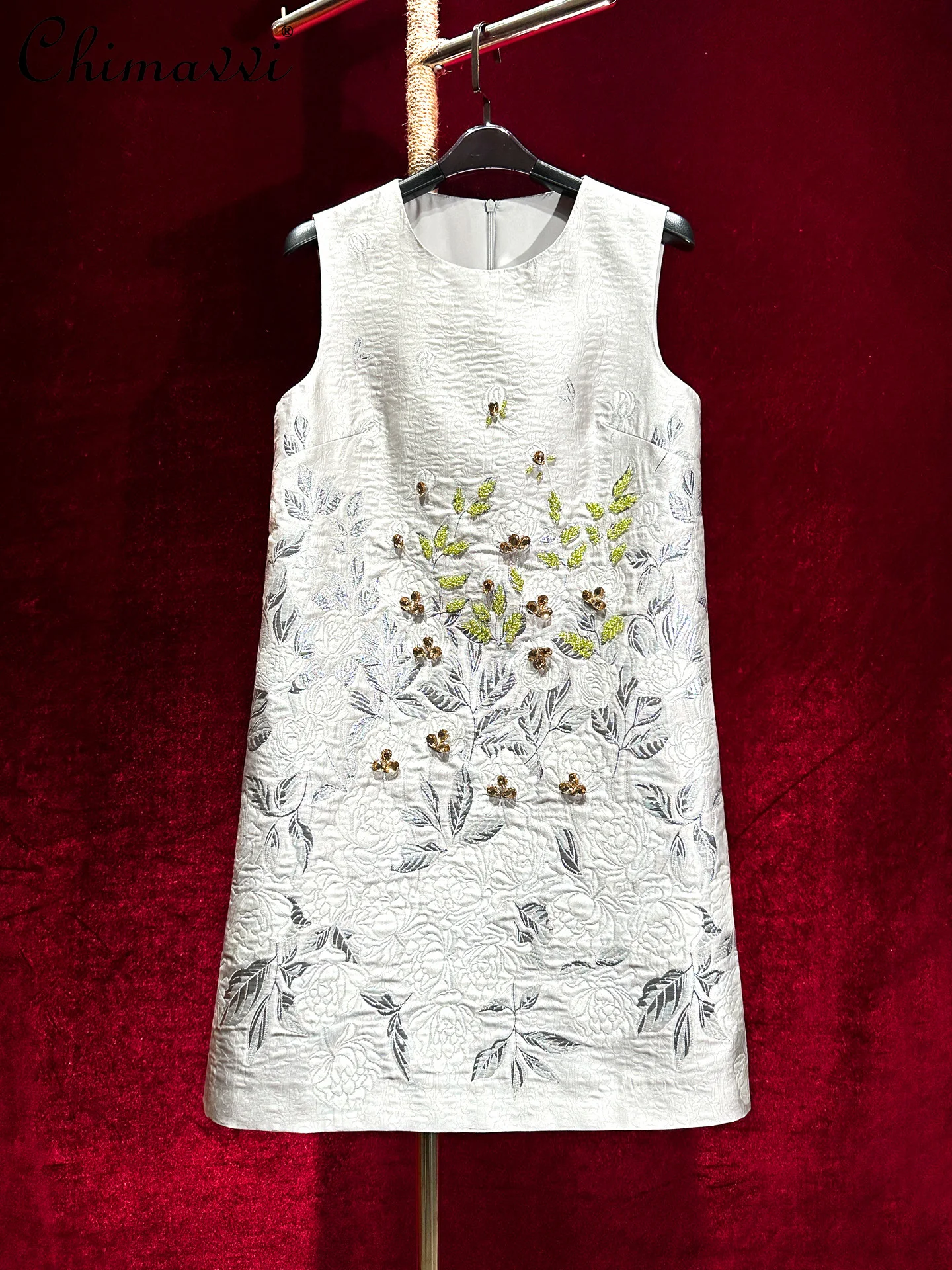 

High-End Light Luxury Heavy Beading A-Line Dress Fashion Retro Slim-fit Sleeveless Dresses for Women 2025 Autumn Clothes New