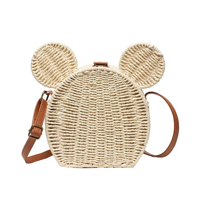 Disney 2023New Ladies Designer Straw Fancy Bag Cute Handbag Rattan Travel Leisure Vacation Small Round Beach Mickey Shoulder Bag