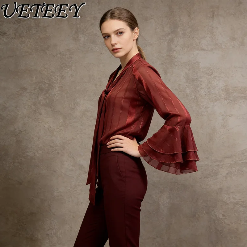 

2026 New Summer Versatile Lace-up Single-breasted Chiffon Shirt 2026 Spring New Simple Casual Burgundy Sheer Blouse Top Women