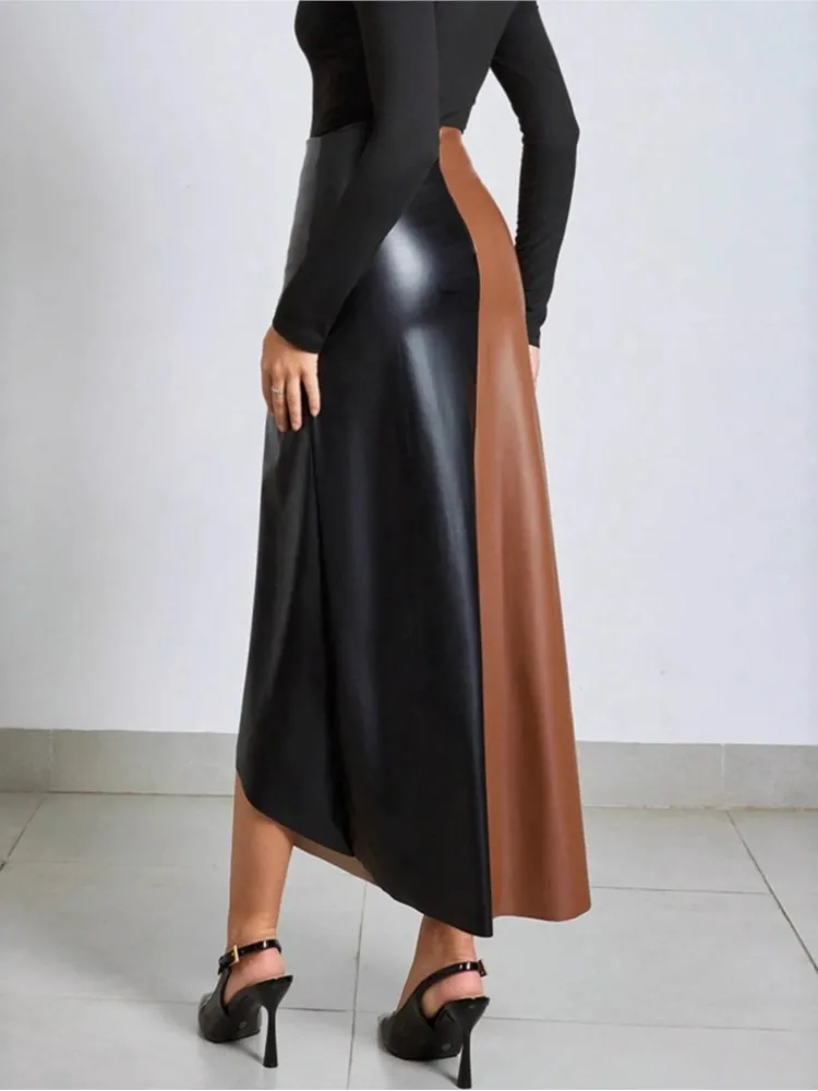 Autumn And Winter Fashion Slim Hip Zipper Long Skirt Women's Temperament Elegant Personality Color Block High-waisted Skirt