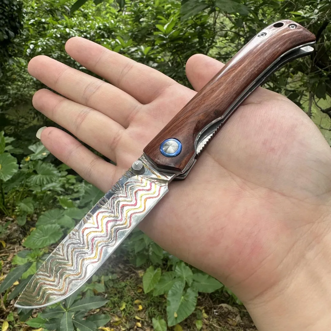 

Colorful copper Damascus steel finely polished snake patterned wood handle smooth bearings camping folding knife