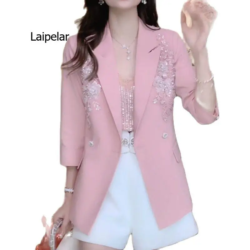 

Embroidery Three-Dimensional Carved Hand Made Female Suit Jacket Summer Temperament Three Quarter Sleeves Elegant Women's Blazer