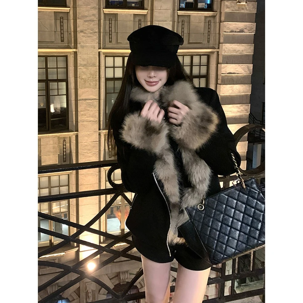 Y2k خمر مقاوم للماء المنك سترة معطف المرأة الشتاء الأسود معطف قصير المرأة موتو و السائق القوطية الشارع الشهير الملابس سترة #1