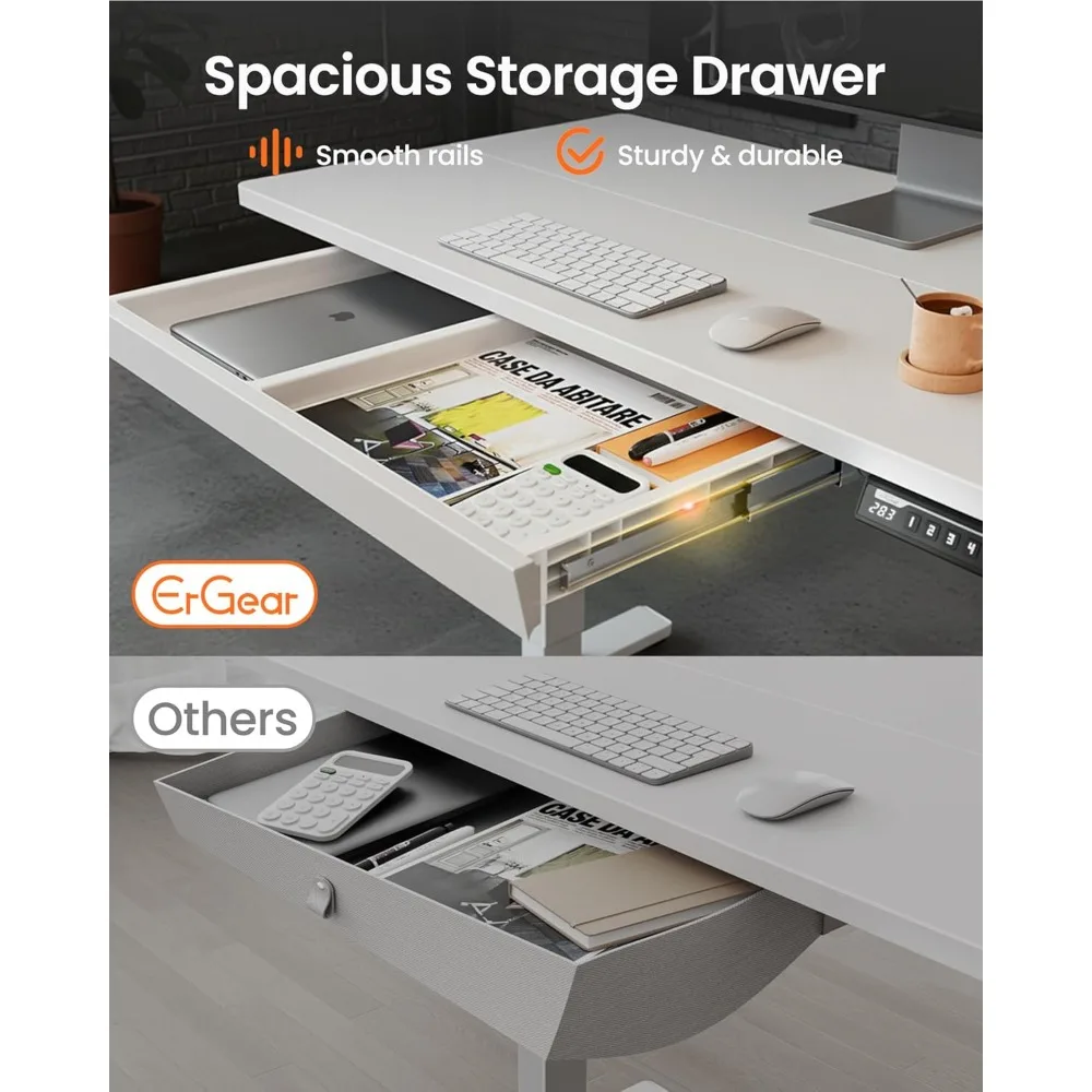 مكتب قائم كهربائي مقاس 44 بوصة مع أدراج، ارتفاع قابل للتعديل، 4 إعدادات لارتفاع الذاكرة، مكتب الجلوس الوقوف