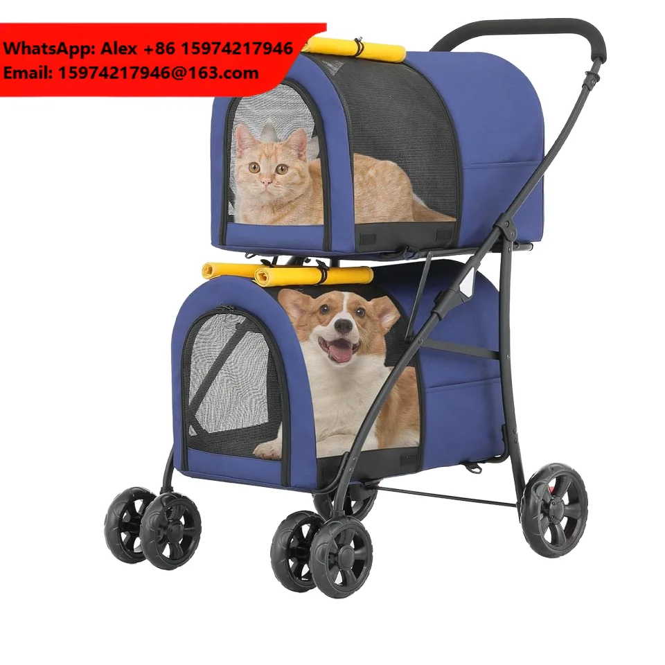 Double Foldable Waterproof Pet Stroller For Dogs And Cats With Detachable Carrier Bag Safety Rope Lockable Wheels And Travel
