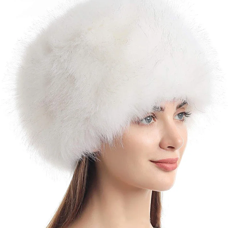 Super Thick Faux Fur Cap Fluffy Fur Caps Winter Snow Hat for Women Russian Windproof Hats Party Luxury Warm Plush Ski Cap