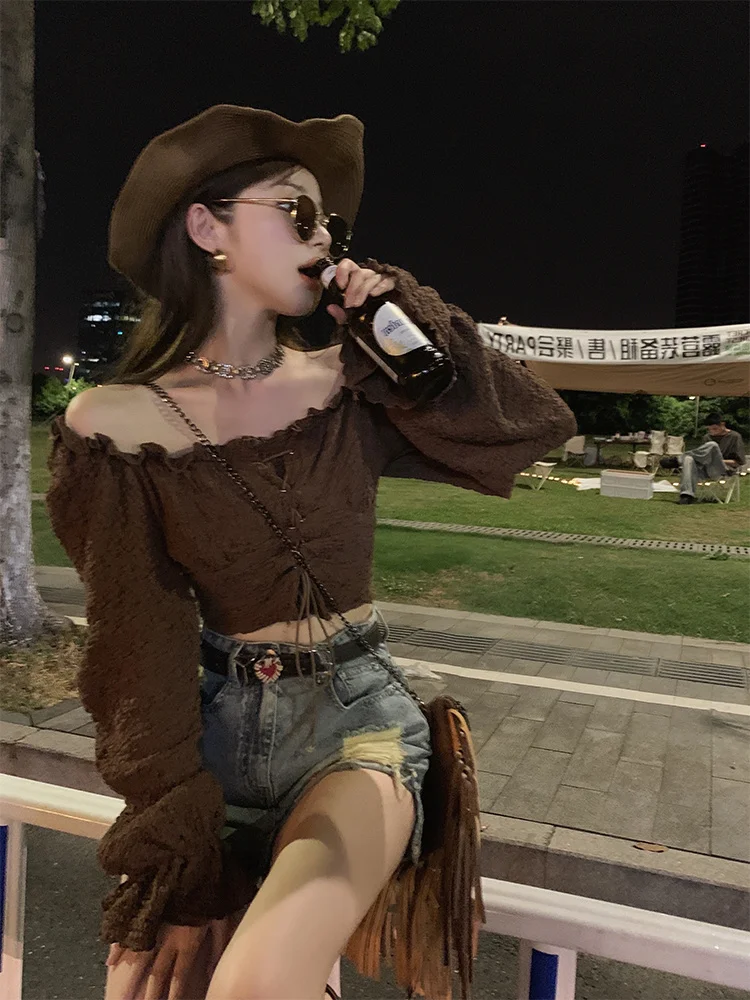 

Stylish Short Shoulder French Style Shirt Women's Sweet And Spicy Girl Top Beautiful Unique Autumn Fashion Small Audience