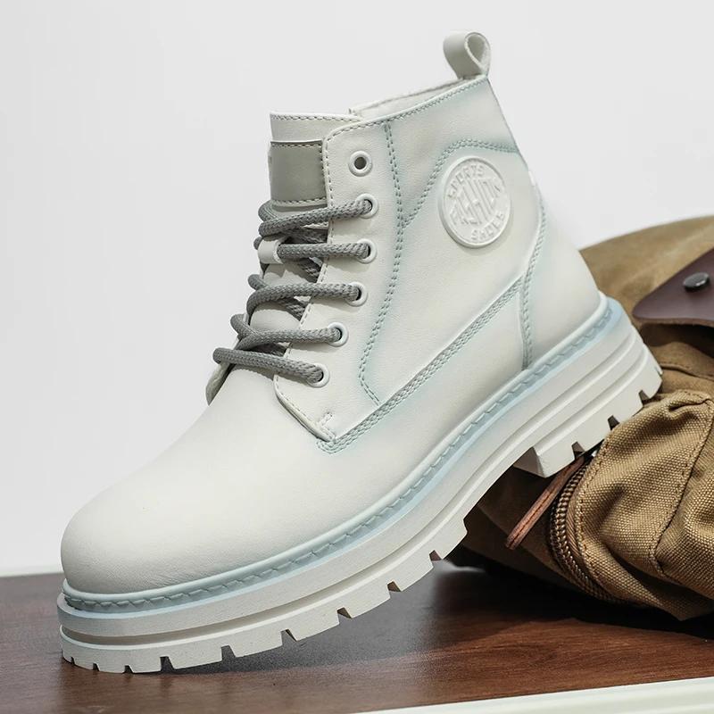 

High top boots for men, British style workwear motorcycle boots, summer black side zipper, mid rise soft leather boots for men