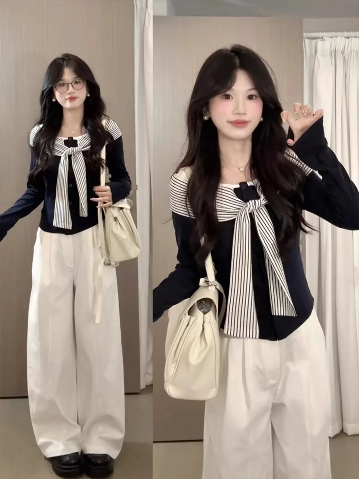 Autumn Winter Women's College Style Fashion Set Long Sleeve Wide Leg Pants Two Piece Suit Korean Style Striped T-Shirt
