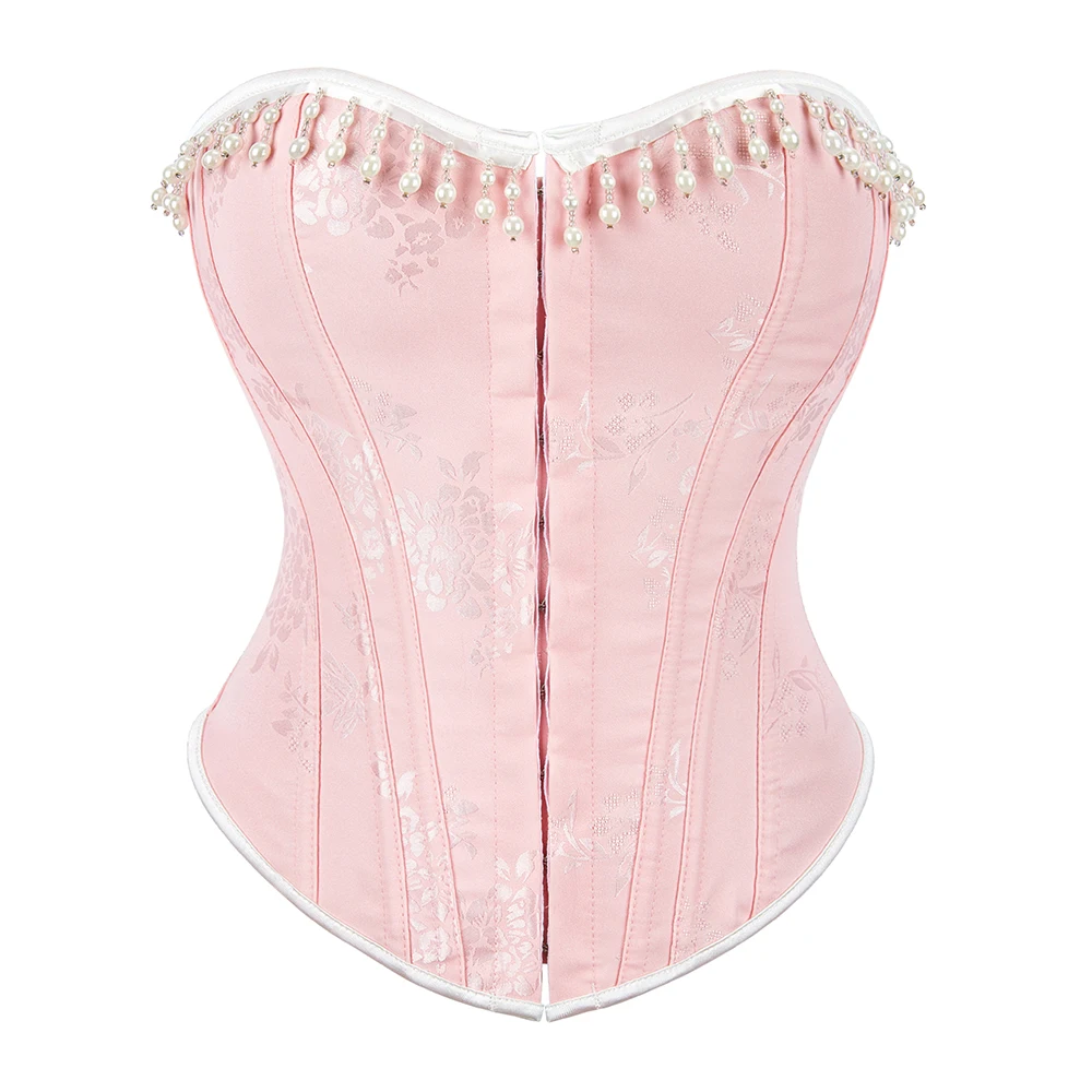 Front Buttons Pink Overbust Corset with Pearl Tassel Lingerie Corselet Bustier Top