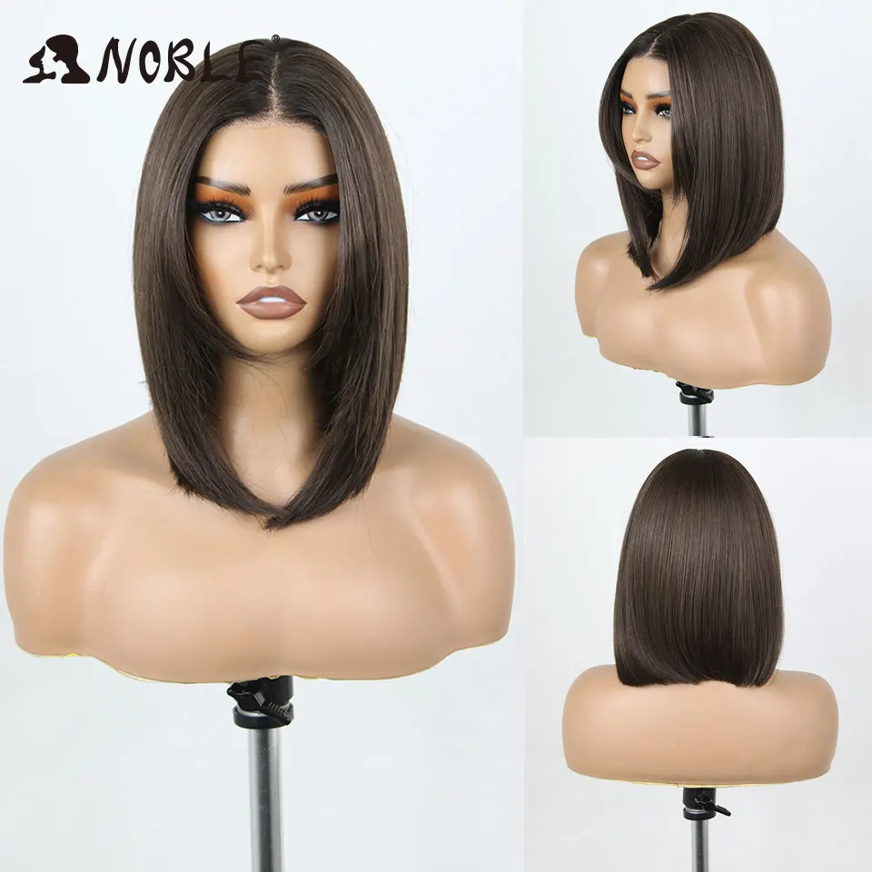 Edle, synthetische Perücken mit Spitze am Vorderteil für Damen, 30 cm lang, vorgezupft, vorgekämmt, Ombré-Farbverlauf von Braun zu Blond, glattes, gestuftes Bob-Modell, Cosplay-Perücke. – Detail 12
