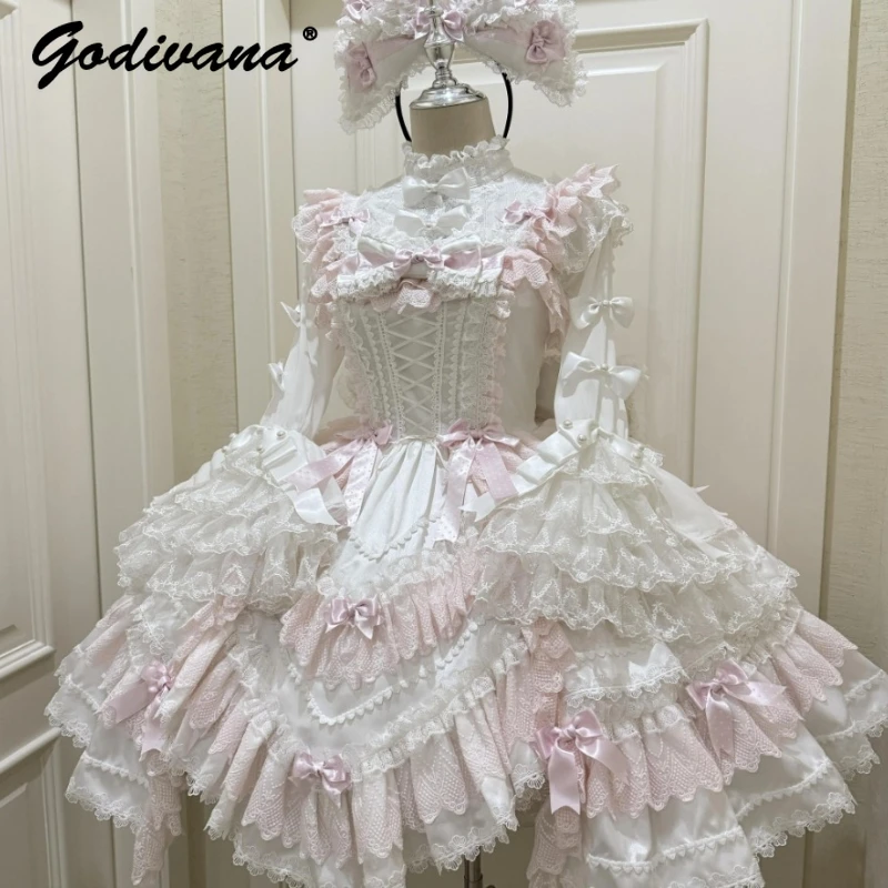 オリジナルロリータプリンセスドレス春と秋の新作スタンドカラー女の子女性の妖精レーススプライスフラワーウェディングドレス