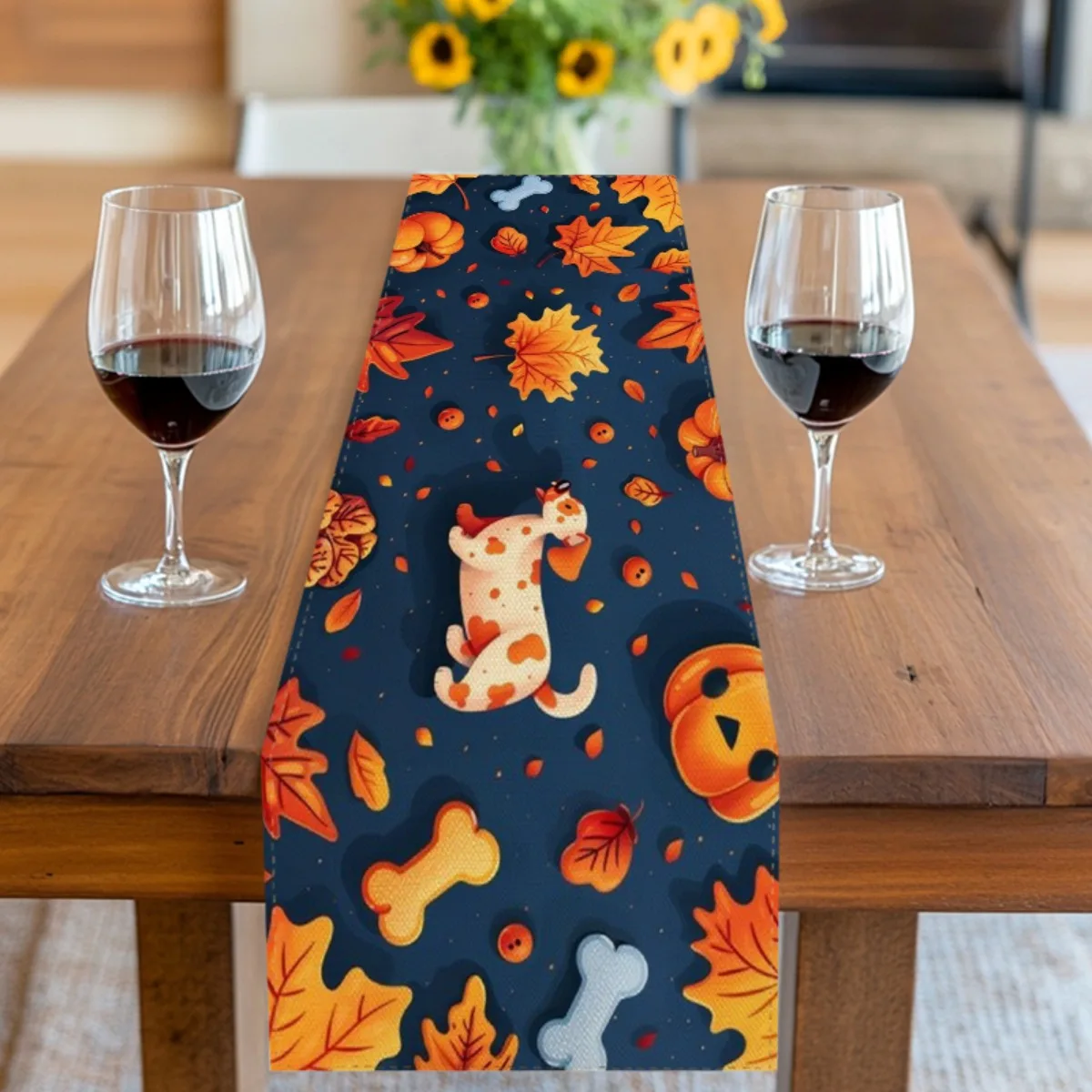 

1 Piece of Autum Dog and Leaf Print Table Runner - with Bright Orange, Yellow and Red Leaves, Suitable for Restaurants, Homes, Cafes, Handmade Markets, and Soft Furnishings.
