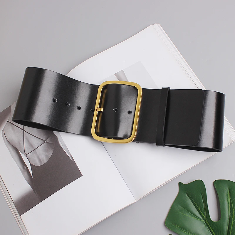 2022 9.5Cm Wide Cowhide Waistband Metal Buckle Waist Belt Black Plain Genuine Leather Coat Dress Female Cinture Commerbund Belt