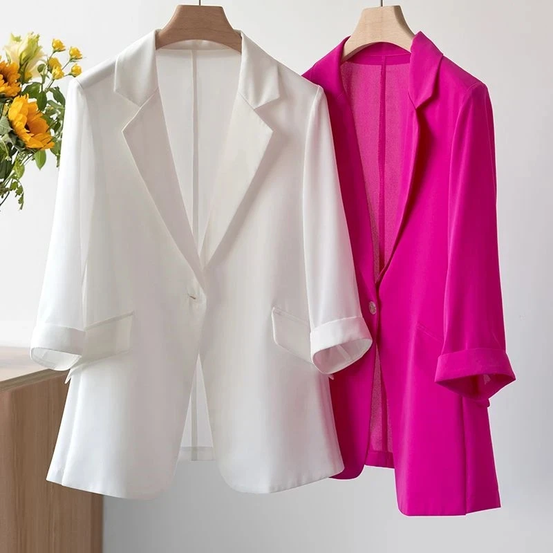 Summer Thin Chiffon Women Blazer 2023 New Korean Fashion Three-Quarter Sleeve Ladies Suit Coat Sunscreen Clothing Tops Female