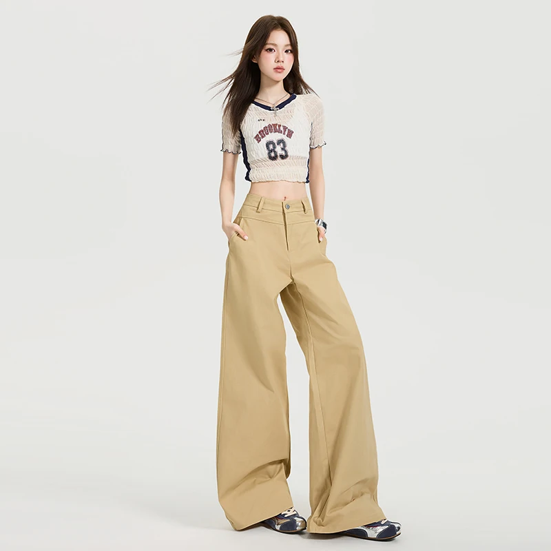 Yapi Lao Qian |   Ralph esthétique minimaliste rétro kaki pantalon pantalons décontractés ample jambe droite pantalon femmes Y2K