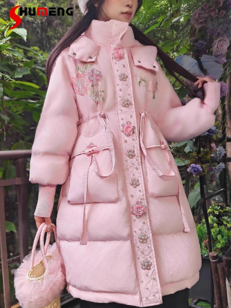 Женские осенние новые высококачественные модные пуховые пальто ручной работы с блестками и бисером, 3D цветок, утолщенные пуховые пальто, белые куртки на утином пуху