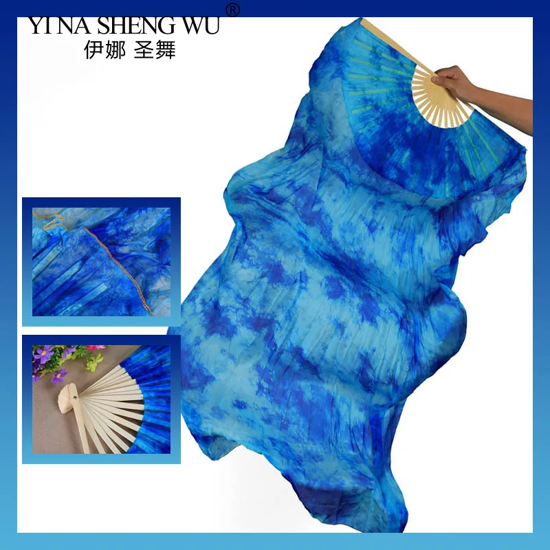 Real Silk Belly Dance 1Pair Veil Fans High Quality Bamboo Handmade Dyed Tie Dye Belly Danc Performance Natural Silk Fans