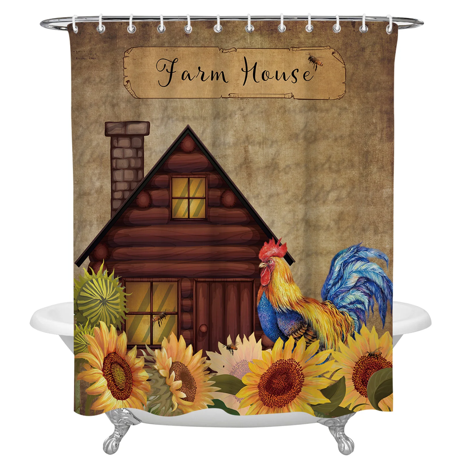 Farm Sunflower Rooster Vintage Waterproof Bathroom Decoration Shower Curtain Printed Bathtub Curtains Bathroom Accessories