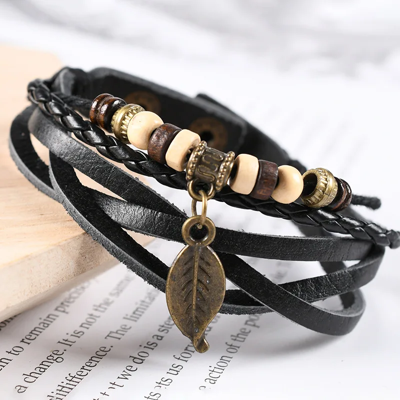 4Pcs/ Set Braided Wrap Leather Bracelets for Men Vintage Life Tree Rudder Charm Wood Beads Ethnic Tribal Wristband Rope Bracelet