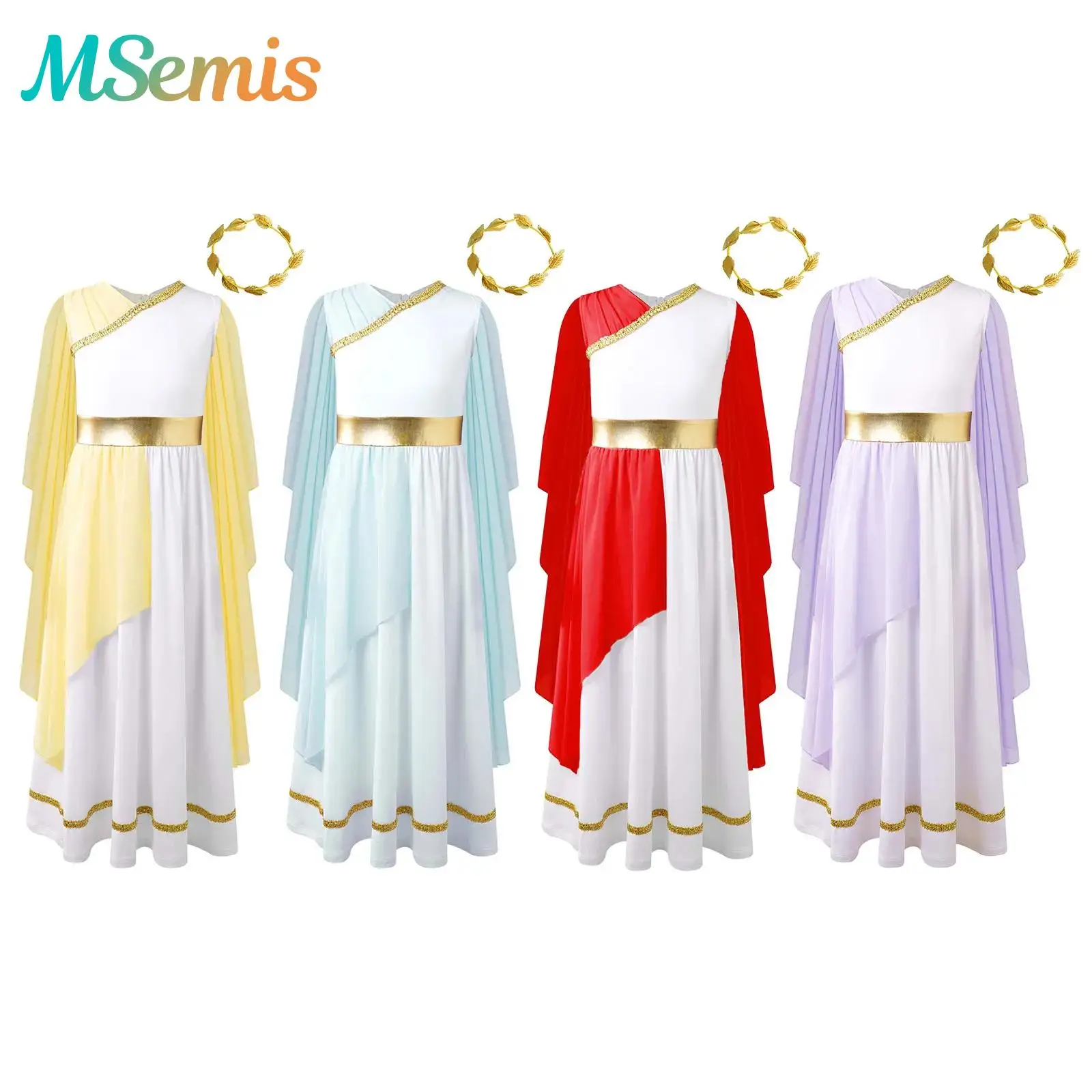 

Girls Halloween Greek Deity Beauty Roman Princess Cosplay Costumes Gold Leaves Garland Headwear Cap Sleeve Ancient Toga Dress