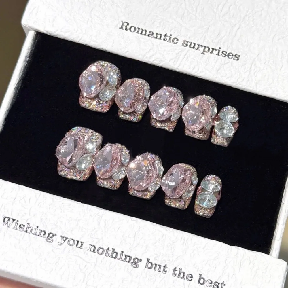 10 Pieces Pink Rose Full Diamonds Sparkling Handmade Press On Nails Luxury Exquisite Gentle Crystal Fake Nails Reusable