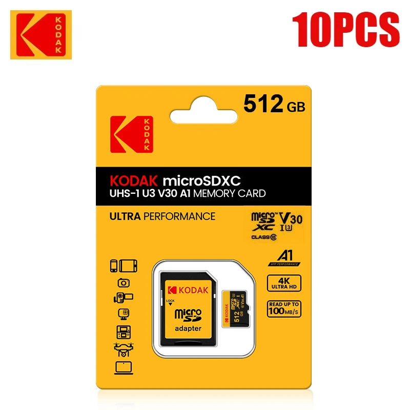 10PCS KODAK Micro SD Cards 512GB 64GB Wholesale V30 Class10 with Reader Adapter for Camera Surveillance Car Driving Recorder DVR