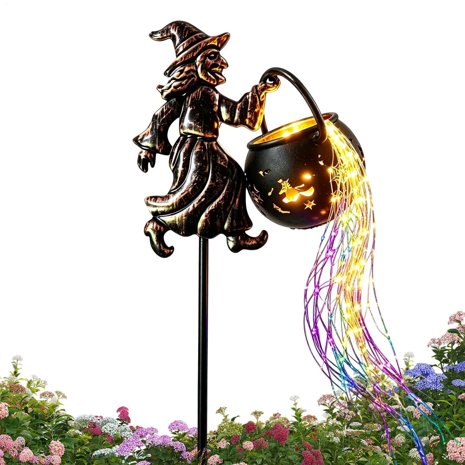 2D Halloween Witch Cauldron Stake Light Outdoor Yard Lawn Pathway Decor Storage Stand Ornament Lighting Yard Decoration