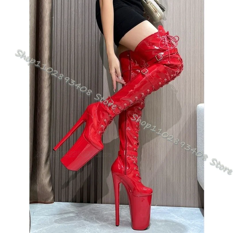 White High Platform Knee Boots Round Toe Side Zipper Stiletto Lace up British Style Sexy Party Women Boots Zapatos Para Mujere