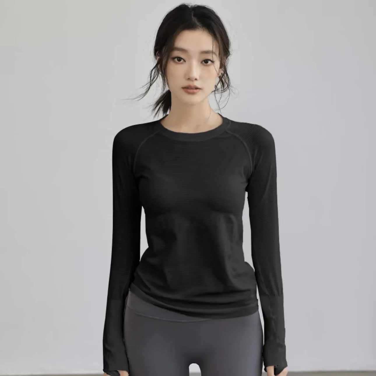 Women's Autumn & Winter Yoga Comprehensive Training Top High-Elastic Slim Crew Neck Quick-Dry Sports Long-Sleeve Fitness Clothes