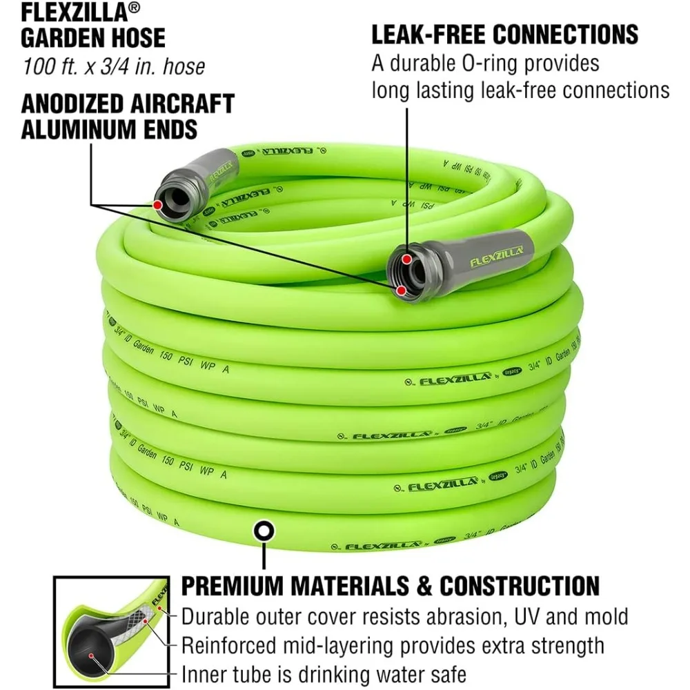 Lightweight 3/4in x 100ft All-Weather Garden Hose, Flexible & Kink-Free, Leak-Proof Connectors