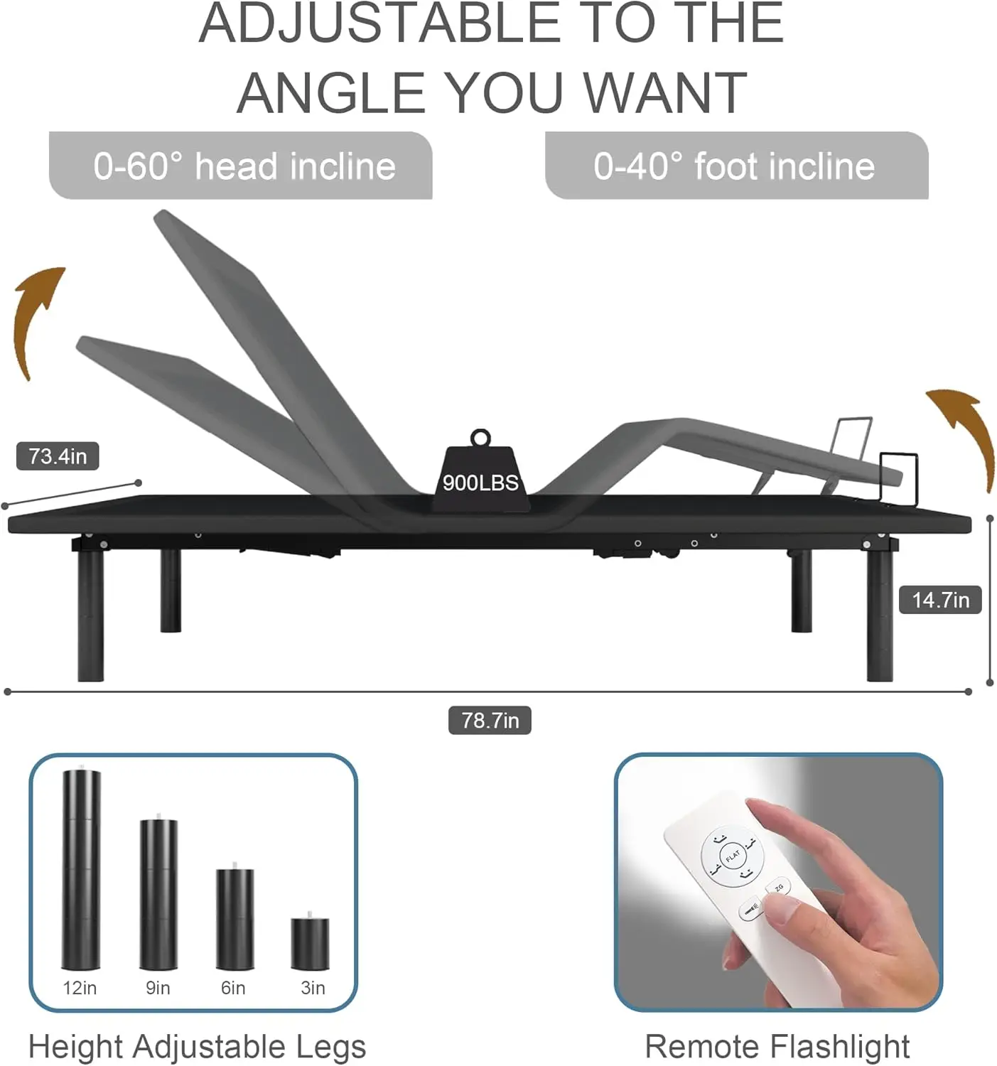 Ergonomic Queen King Size Adjustable Bed Base with Adjustable Legs, Wireless Remote Control, Whisper Quiet Durable Motor