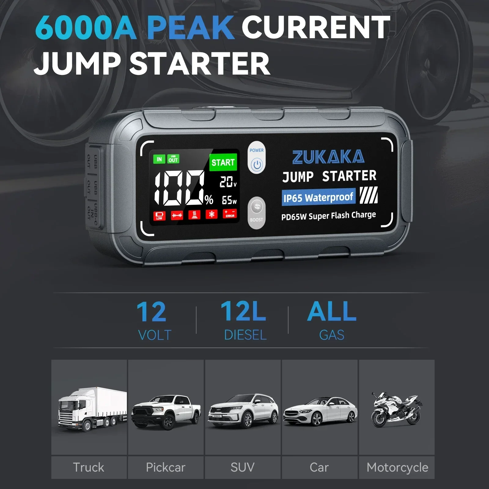 For Zukaka IP 65 Portable 12v Vehicle Power Bank Car Battery Charger And Jump Starter Set 6000a Jump Starter With Screen