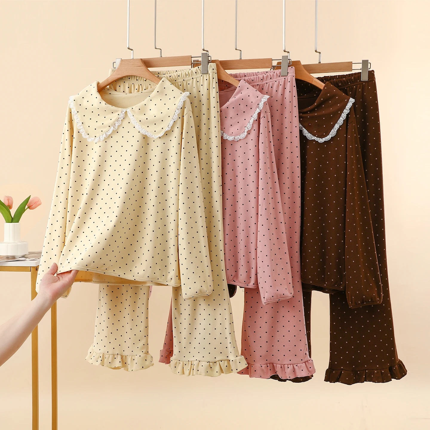Thickened Long Sleeve Doll Collar Home Clothes Sleepwear Set for Women Winter Warm Fleece Lined Loose Fit Two Piece Suit